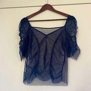 Navy Polka Dot Ruched Puff Sleeve Stretch Sheer Mesh Top No Tags Medium Coquette